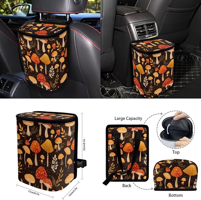 Cute Mushroom 15Pcs Car Seat Cover Full Set Car Steering Wheel Cover Seat Belt Cover Trash Bin Front Rear View Mirror Car Cup Holder Keychain