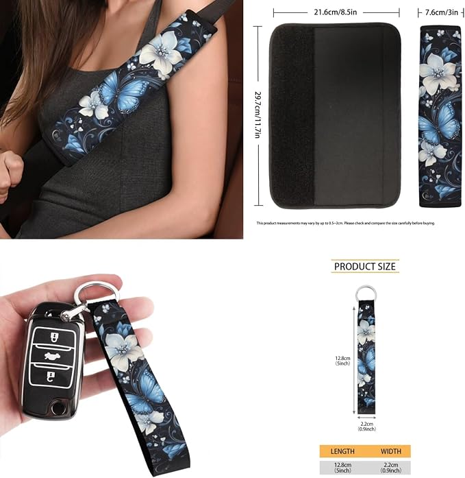 Blue Butterfly Car Seat Covers Full Set for Women Floral Car Accessories Steering Wheel Cover Seatbelt Pad Coasters Trash Bag Rearview Mirror Cover Keychain