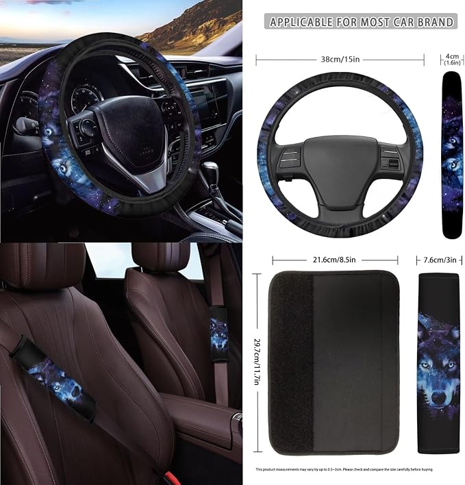 3D Galaxy Wolf Printed 15 Pack Car Seat Cover Set with Steering Wheel Seat Belt Strap Rearview Mirror Cover Garbage Cans Air Vent Pouch Coasters Keychain Universal Fit for SUV Sedans