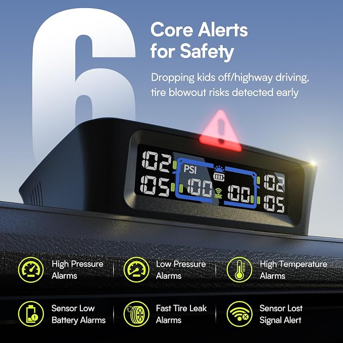 Tymate TM12 RV Tire Pressure Monitoring System, TPMS with USB/Solar Charge, 2026 Latest Version, Set of 4 Sensors(Max. 12), 6 Alarm Modes, 50ft Range, 0-144PSI for RV/Sedan/SUV/MPV/Truck/Older Vehicle