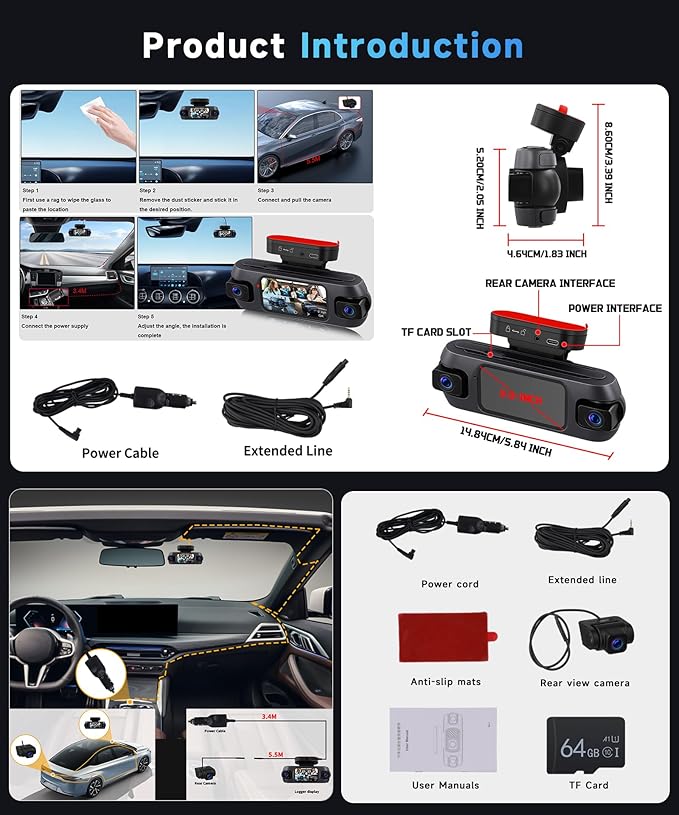 4K Dash Cam 4 Channel 360° Front and Rear Inside Left Right, 3 Inch Dash Camera Support WiFi GPS Night Vision Sensitive Motion Detection 24/7 Recording Parking Mode Monitor Reversing Help