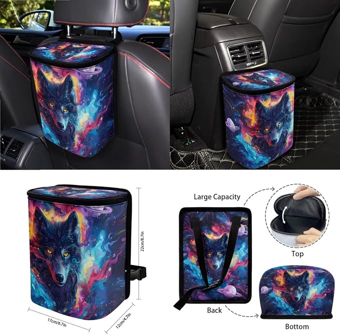 Galaxy Wolf Print Car Front Back Seat Cover Set of 15 Steering Wheel Covers Seatbelt Strap Pad Garbage Cans Air Vent Storage Holder Rear View Mirror Cover Cup Holder Key Chain