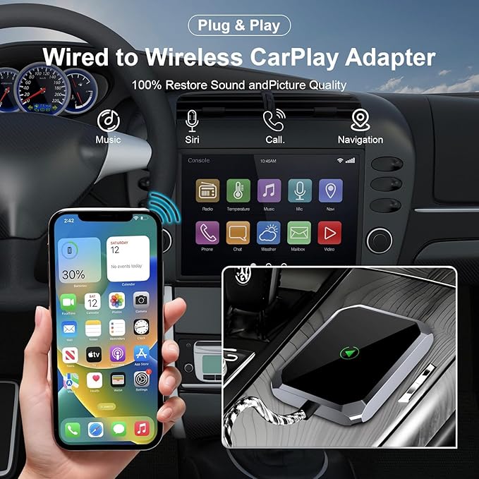 Wireless CarPlay Adapter, 2 in 1 for Apple Carplay and Android Auto Adapter USB-C/USB-A Plug & Play for iOS 7.1+ & Android, Seamless Stable Auto-Reconnect, No delay(Black)