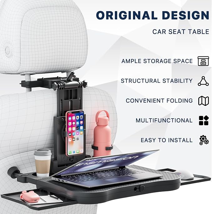 Car Back Seat Tray Table-Stable Auto Backseat Food Trays Desk for Rear Passenger Road Trip Eating & Work, Multifunctional Adjustable Travel Tray with Phone Drink Holder for Laptop iPad