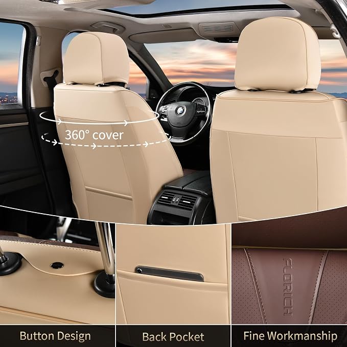 FLORICH Front and Back Seat Covers for Cars Leather Car Seat Cover Full Set 5 Seats Waterproof Seat Protector Automotive Seat Covers Carseat Cover Universal Fit for Most Cars SUV Trucks, Beige&Coffee