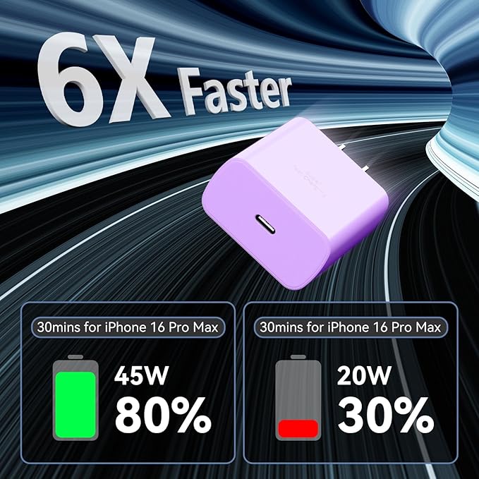 Phone 17 16 Pro Max Charger Fast Charging, 45W Super Fast USB C Charger Block with 10FT Extra Long Fast Charging Cable for 17 16 Pro Max/17 16/16 Plus,15 Pro Max/15 Pro/15, Android Phone-Purple