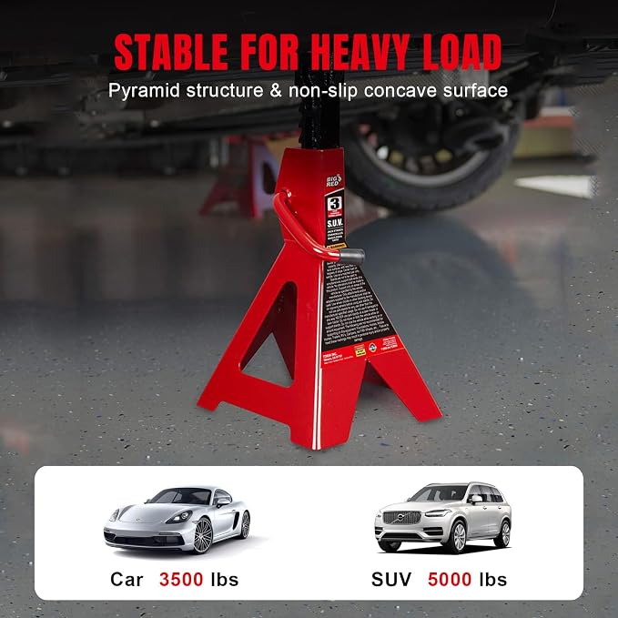 Big RED Torin 3 Ton Steel Jack Stands: for Small SUVs, Cars, Trucks, Trailers - Red, 1 Pair (2 Pack)