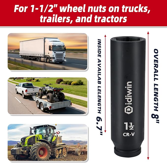 3/4" Drive 1-1/2" Extra Deep Impact Socket, 8"(200mm) Long, 6-Point Truck & Trailer & Tractor Wheel Nut Impact Socket, Heat Treated CR-V Alloy Steel, One-Piece Forged, Radius corner design