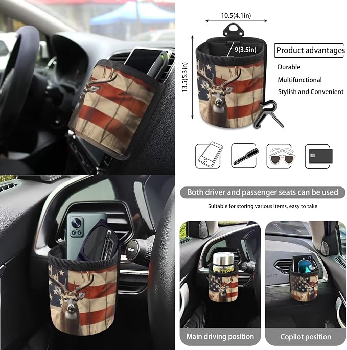 American Flag Deer Print Car Seat Cover Full Set 15 Pcs with Steering Wheel Cover Seat Belt Pads Cup Coasters Trash Bag Air Vent Case Rearview Mirror Cover Keychain Auto Accessories