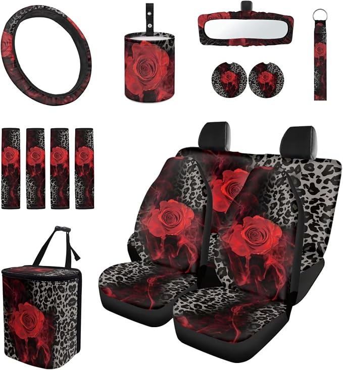 15 Pcs Black Leopard Car Seat Covers Full Set for Women Goth Rose Car Accessories Interior Car Steering Wheel Cover Seatbelt Covers Trash Bin Rear View Mirror Cover Cup Holders Keychain