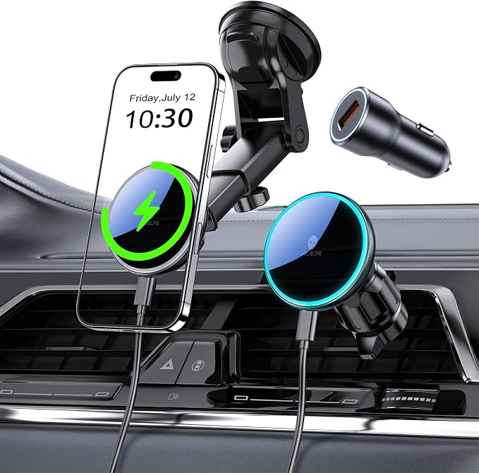 MOKPR Only for iPhone Magsafe Car Mount Charger, Magnetic Phone Holder for Your Car Charger Dash Windshield Vent Magnetic Wireless Car Charger Mount for iPhone 17 16 15 14 13 12
