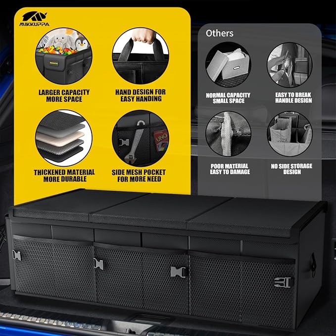 MIKKUPPA Car Trunk Organizer - 95L Collapsible Trunk Organizer with Lid, Sturdy Car Storage for SUV Auto Truck Van with Adjustable Straps and Non Slip Bottom (Black, XX-Large)