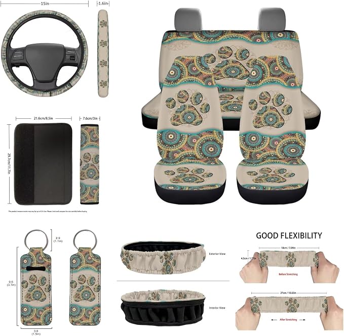 14 Pack Boho Dog Paw Car Seat Covers Full Sets Boho Car Interior Set with Universal Fit Steering Wheel Cover/Seat Belt/Keyring/Coaster/Car Rear View Mirror Covers Automotive Interior Sets