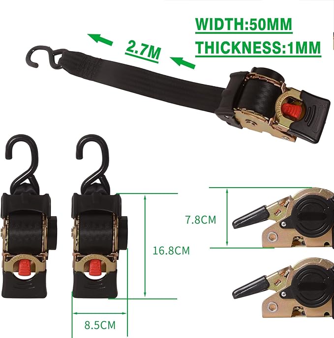 MOTO4U 2" x 8.8' Bolt-On Retractable Ratcheting Tie-Down Strap AutoRetract Marine Strap Transom Tie Downs w/S Hook for Motorcycle Boats Trailers（one Pair）