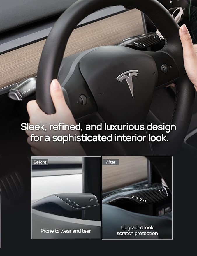 TPARTS Real Carbon Fiber Steering Lever Cover for Tesla Model 3 (2018-2023) Model Y (2020-2024) Gear Shift Cover 2PCS Steering Wheel Gear Lever Accessories (Matte Black)