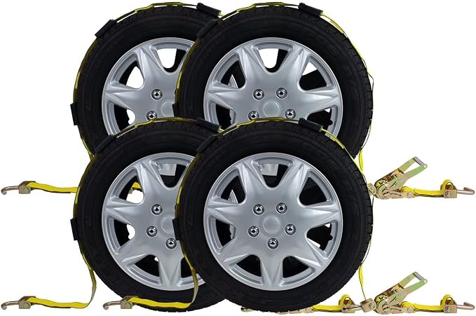 Mytee Products 4 Pack 2" x12' Car Hauler Straps for Trailer w/Ratchet, Swivel J Hook & Rubber Block - 10,000 lbs Breaking Strength Over The Wheel Tire Straps for UTV Hauler - Vehicle Car Tie Down Kit