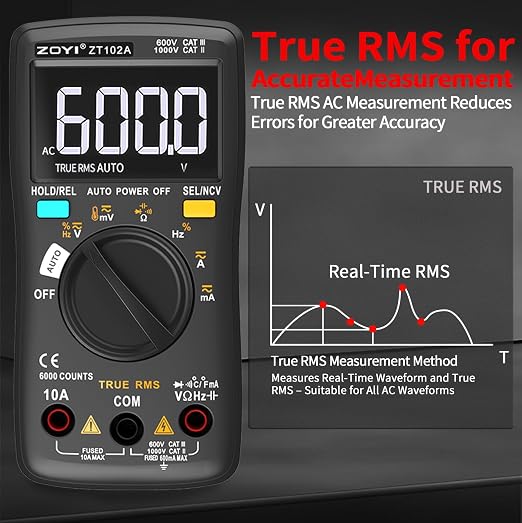 ZOYI Digital Multimeter, True RMS Auto-Ranging 6000 Counts with NCV. 750V AC, 1000V DC auto Identification, Data Hold, Resistance, Capacitance, Diode, Frequency and Temperature Measurement