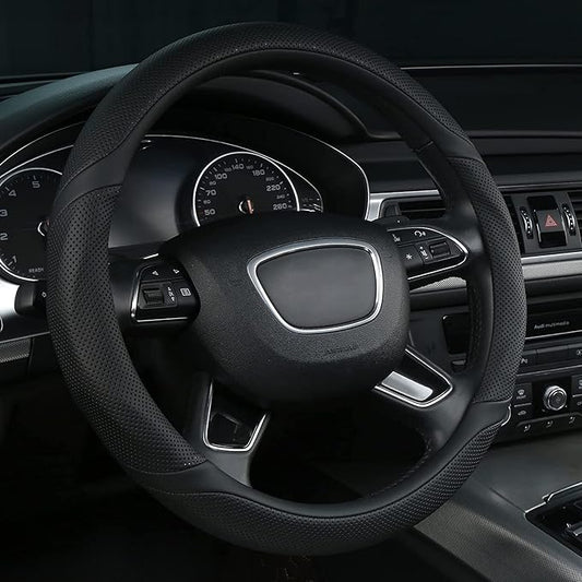 ALEMODR Black Leather Steering Wheel Cover Universal 15 inch