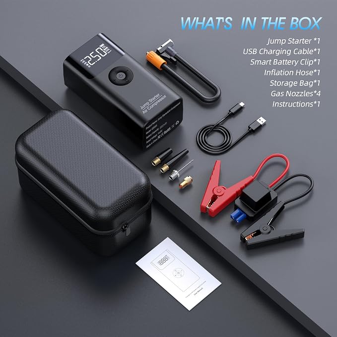 Car Battery Jump Starter with Air Compressor, 2500A Car Jumper Starter Portable (Up to 9L Gas/8L Diesel), 12V Jump Box 150PSI Auto-Shutoff Tire Inflator with Smart Clamps, Road Trip Essentials