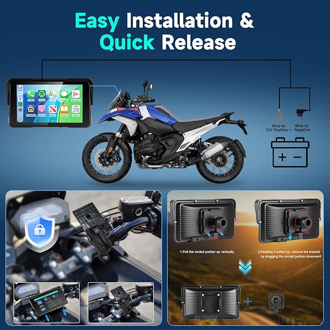 5 Inch Motorcycle CarPlay Screen with TPMS Sensors, Wireless Android Auto, Handlebar Control Power Cable, IP68 Waterproof Portable Motorcycle GPS Display