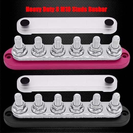 6 x M10 (3/8") Studs Power Distribution Block Bus Bar 12V, Ampper 7" HD 300A Marine BusBar Battery Distribution Block W/Cover for Car Boat Solar (Red & Black)