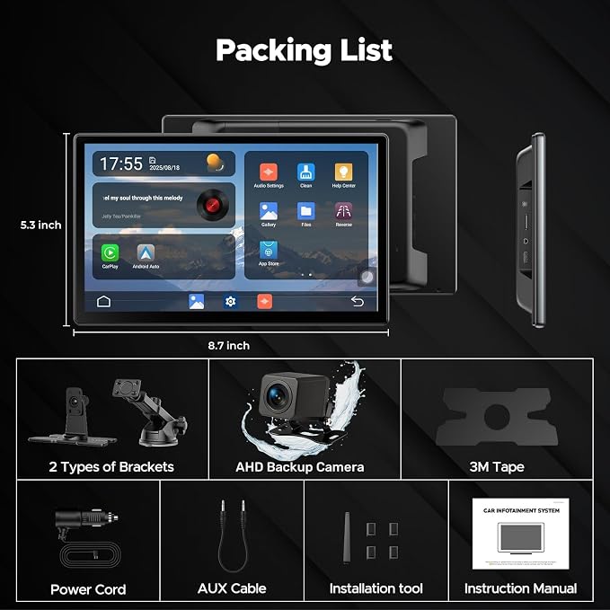 Volam 9'' Carplay Screen with Net-Flix YouTube and 1080P Backup Camera Upgraded Android Auto Screen Portable AI Magic Video Box Built-in Apps Voice Control Car GPS for iOS 10+ Android 11+