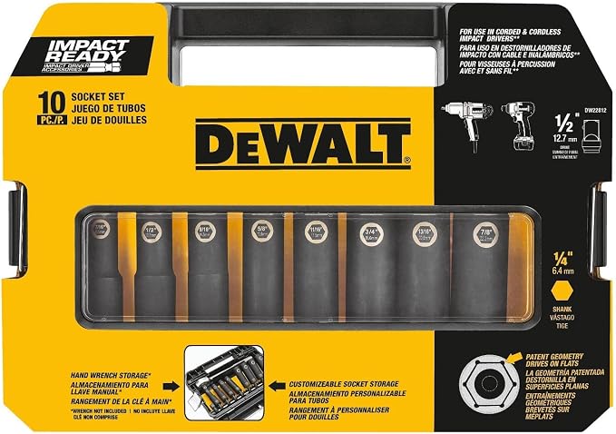 DeWalt Impact Socket Set 1/2 Drive, 10 Piece 1/4" to 1/2" Impact Socket Adapter Set (DW22812) One Size(Pack of 12)