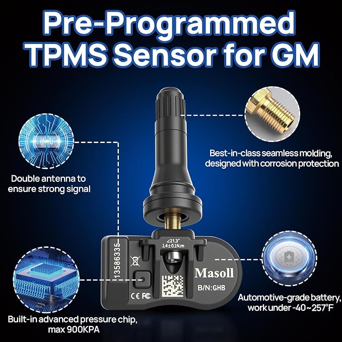 Masoll TPMS Sensor for GM, Tire Pressure Sensor for Chevy Silverado Buick Cadillac GMC, 2026 New Upgrade Tire Pressure Monitoring Sensor 4-Pack, Dual-Antenna Design Tire Sensor