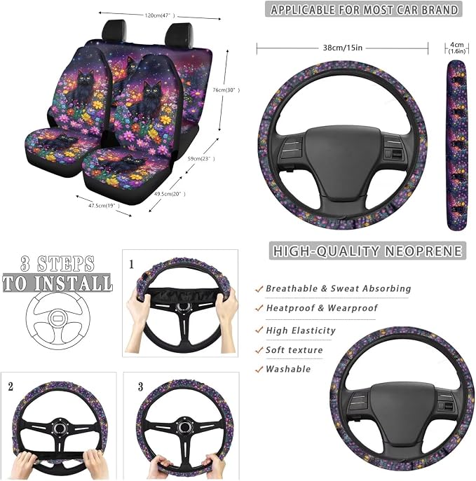 Suobstales Galaxy Cat Daisy Print Car Seat Covers Set of 13 with Universal Steering Wheel Cover, Rearview Mirror Cover, Car Trash Can, Seatbelt Pads, Cup Holder Coasters, Keychains