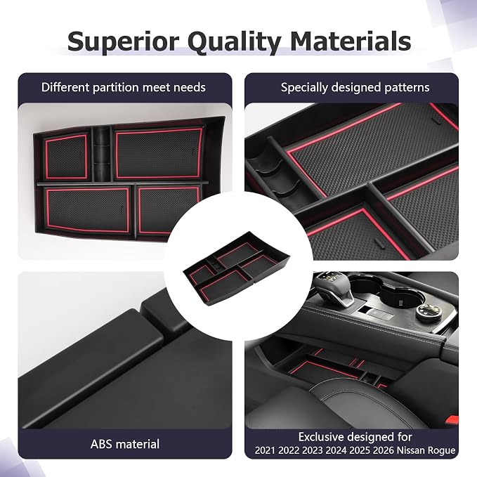 LUWU 2025 2026 Rogue Lower Center Console Tray Storage Box for 2021 2022 2023 2024 2025 2026 N issan Rogue Accessories Armrest Console Organizer ABS Material Red-trim