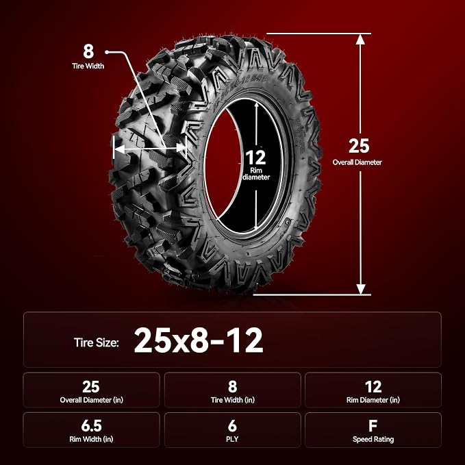 Torchbeam 25x8x12 ATV UTV Tire All-Terrain Off-Road, 6 PR 25x8-12 ATV Tires, Z-199-1 Mud Sand Trial Tire, Set of 2