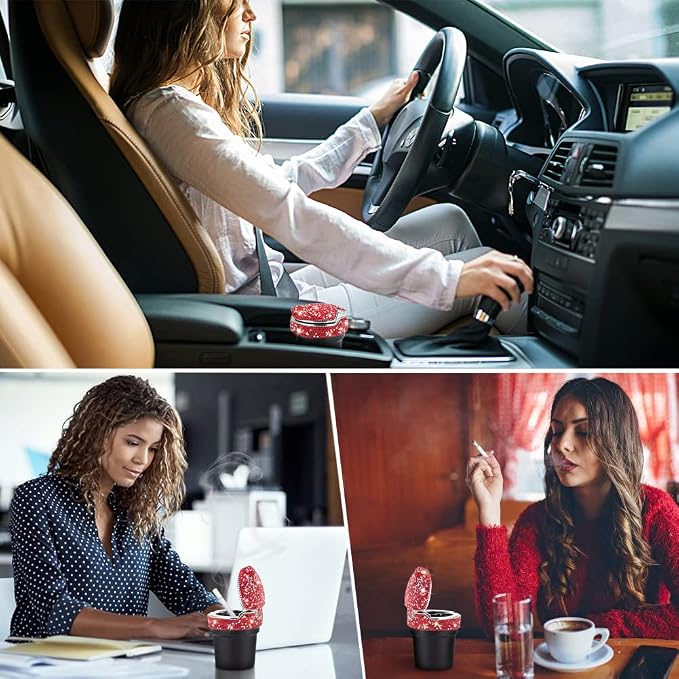 eing Car Ashtray Portable Bling Cigarette Smokeless Cylinder Cup Holder with Blue LED Light Indicator and 2 Replacement Batteries,Car Accessories for Women,Ideal for Car,Home and Office,1-Pack Red