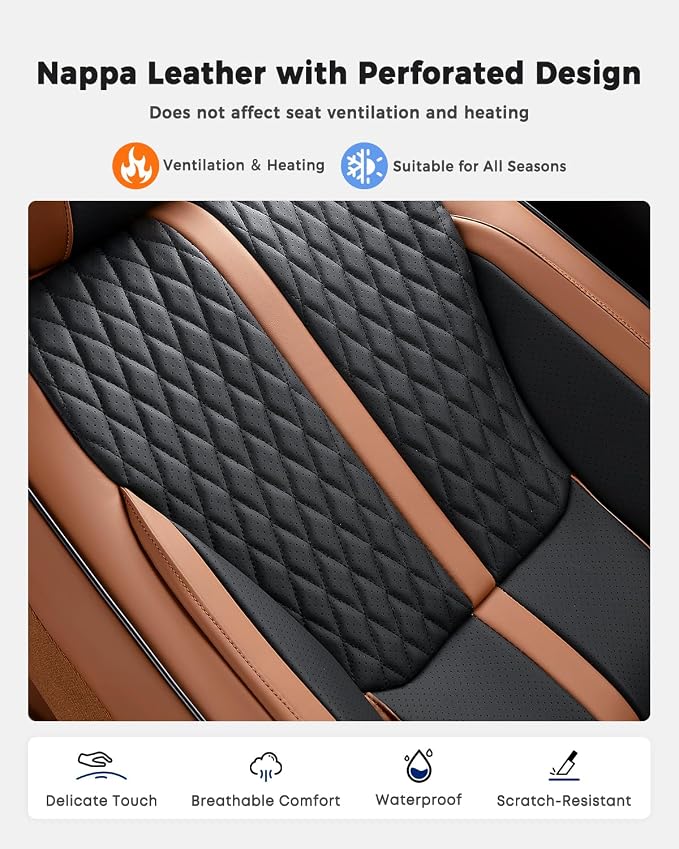 Huidasource Seat Covers, Luxury Nappa Leather Car Seat Covers Full Set with Velcro Adjustable, Airbag, Lumbar Support, Cooling＆Heating, Brown Car Seat Cover Fit for Most Cars SUV Trucks, Brown＆Black