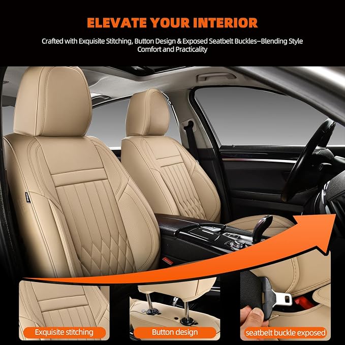 Universal 5-Seater Waterproof Breathable Nappa Leather Car Seat Covers Full Set, Fit for Front Rear Seats, Compatible with Hy-undai Sonata, To-yota Camry, Fo-rd F-150, Fit Most Sedans SUV Beige