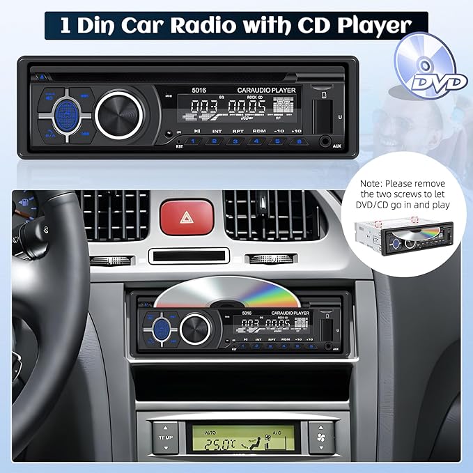 Single Din Car Radio CD Player,Car DVD Player with Bluetooth Hands-Free Calling Car Stereo MP3 Car Player Car Audio Receivers with AM/FM Radio,VCD,DVD,USB/SD Card/AUX-in MP3