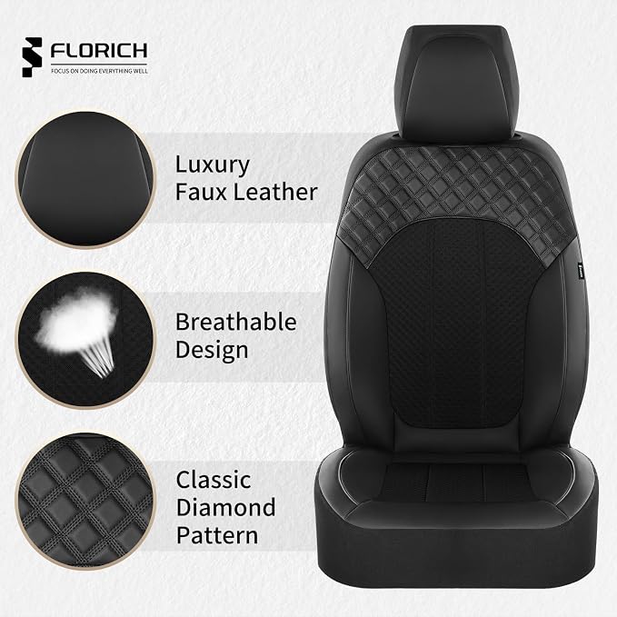 FLORICH Automotive Seat Covers Front Seat Cover Leather & Mesh Car Seat Cover Breathable Cars Seats Protector Cushion Car Interior Cover Universal Fit for Most Car SUV Sedan Truck, Black