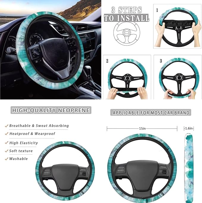 AFPANQZ 11 Pieces Car Accessories Set Sea Turtle Car Seat Covers Full Set with Hand Brake Cover + Gear Shift Knob Cover + Seat Belt Pads + Car Coaster + Steering Wheel Cover Blue Interior Decor