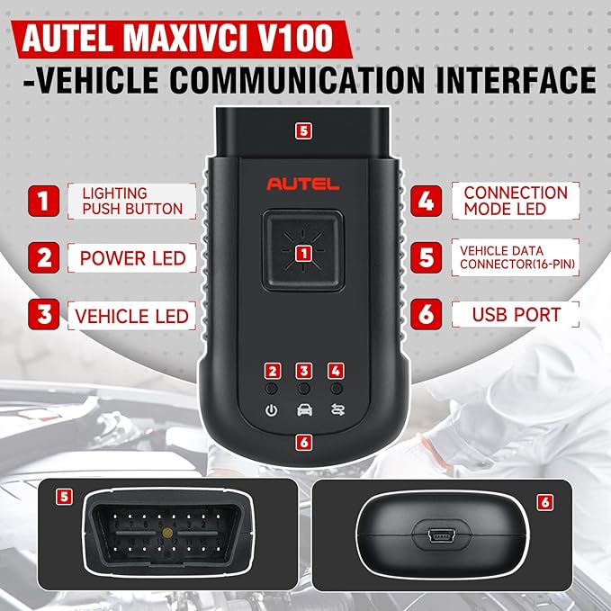 Autel MaxiSYS VCI100 Wireless Diagnostic Interface, 2026 MaxiVCI VCI V100 Car Communication Interface, OBD2 Connector Adapter Dongle, Compatible for Autel Scanner MS906BT MK906BT MS906TS