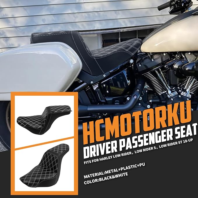 Motorcycles Two-Up Seat Front Rear Driver Passenger Cushion Seat Fit for Harley Low Rider FXLR FXLRS Sport Glide FLSB 2018-Up (White Stitching)