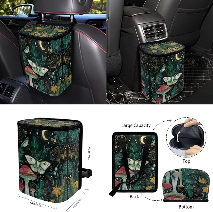 Moon Mushroom Moth Car Seat Covers Full Set for Women Cute Car Accessories Interior Car Steering Wheel Cover Seatbelt Covers Trash Bin Rear View Mirror Cover Cup Holders Keychain