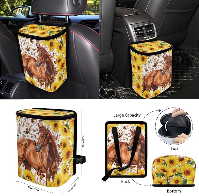 Horse Sunflower Butterfly Print 15 PCS Car Front Back Seat Covers Full Set, Steering Wheel Cover Trash Bag Seatbelt Strap Pad Air Vent Storage Bag Rearview Mirror Cover Coasters Key Chain