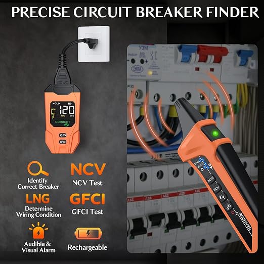 Circuit Breaker Finder with LCD Display, GFCI Outlet Tester, Rechargeable Electrical Circuit Tracer Tool with NCV Test and Flashlight for Electrical System and Installation Applications
