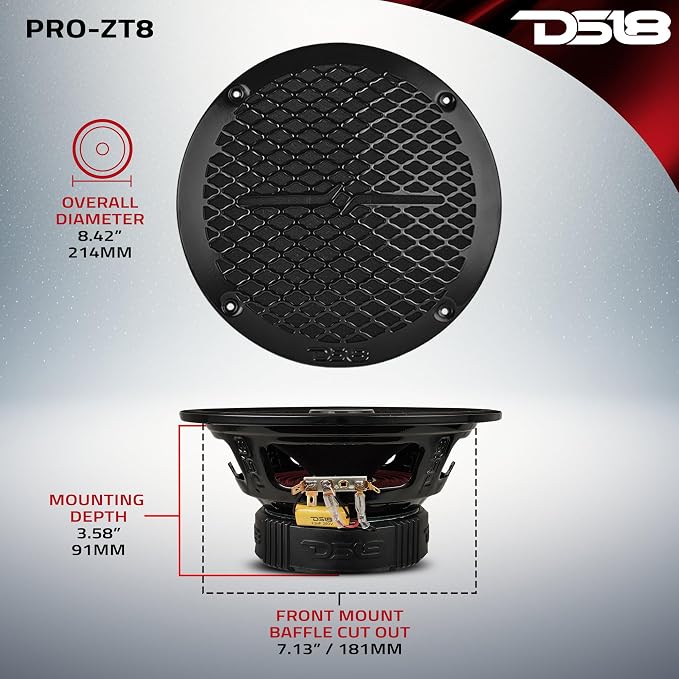 DS18 PRO-ZT Pro Audio Coaxial Midrange Speakers with Built-in Bullet Tweeter, 4-Ohms, Water Resistant - Black Metal Mesh Grill Included (1 Speaker) (8" inches)