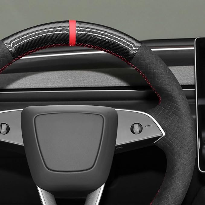 MEWANT DY Black Glossy PU Carbon Fiber Embossed Suede Steering Wheel Cover for Tesla Model3 Highland Model Y Juniper