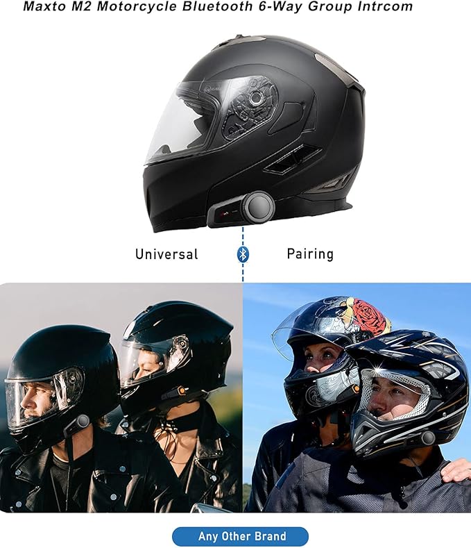 MAXTO Motorcycle Bluetooth Headset, M2 Group Motorbike Helmet Communication Systems 6-Way BT5.0 Waterproof Intercom 1000M Range with FM Radio,Siri,Voice dial for Ski/ATV/Full/Half Face(2 in 1 Mic)