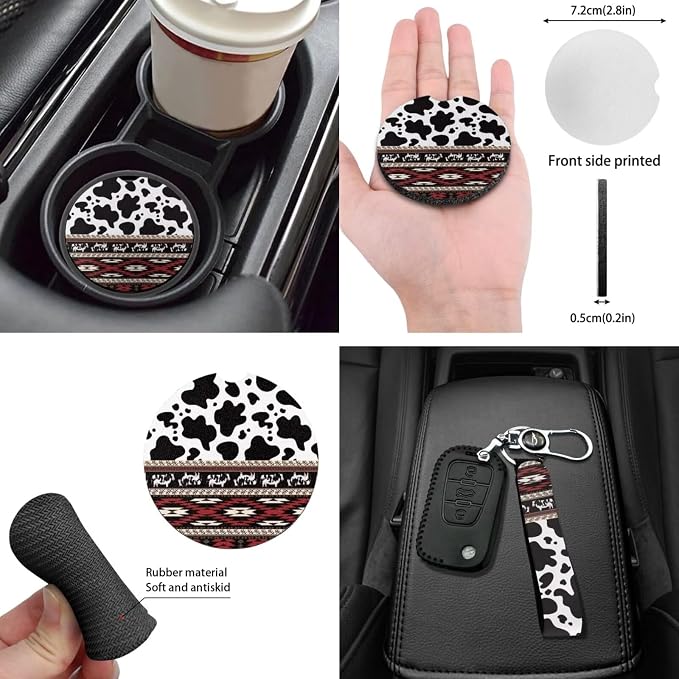 14 Piece Aztec Cow Car Seat Covers Full Set Cow Car Accessory Neoprene Steering Wheel Cover Seatbelt Pads Keychain Vehicle Mirror Accessory Handbreak Gear Shift Cushion for Women Men