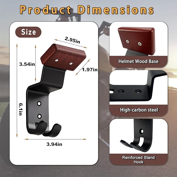 Motorcycle Helmet Holder Wall Mount - Heavy Duty Helmet Hanger Rack with 2 Key Hooks, Solid Wood & Strong Steel Design for Bike, Football, Skiing Sports Gear, Jackets & Hats (1)