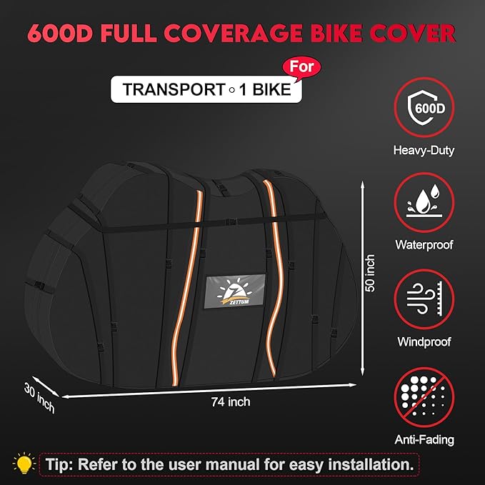 Zettum Bike Cover for Transport 1 Bike - 600D Travel Bike Covers for Bikes on Rear Bike Rack Waterproof & Heavy Duty, Outdoor Full Bicycle Rack Cover for Single Bikes on Car Hitch Storage