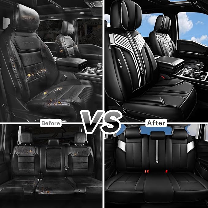 CAR PASS Nappa Leather Seat Covers, Breathable Waterproof Car Seat Covers Full Set, Luxury Leather Front and Back Seats Full Coverage, Universal Fit SUV Pick-up Truck Sedan Automotive(Black Sliver)