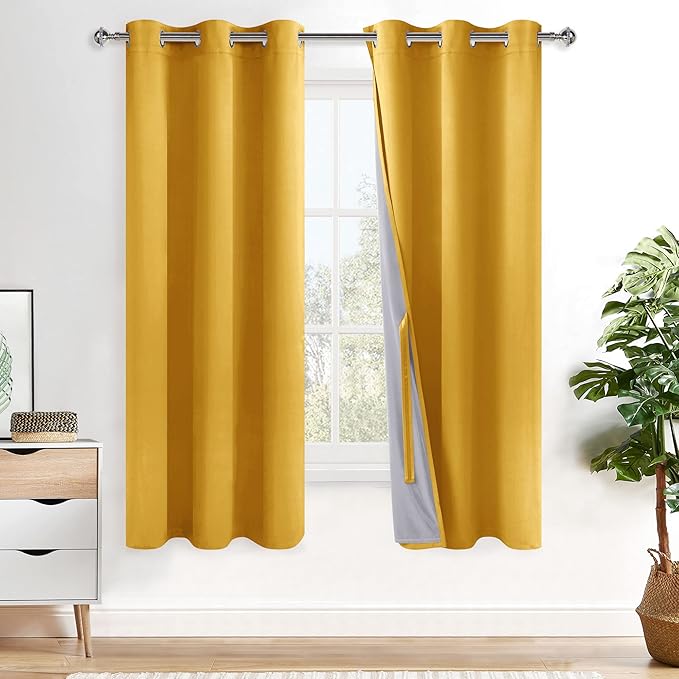 XWZO 100% Blackout Curtains 72 Inches Long with Tiebacks- Privacy Protection & Noise Blocking Window Draperies with Black Liner for Bedroom/Living Room, Grommet, Yellow, W38 x L72, Set of 2